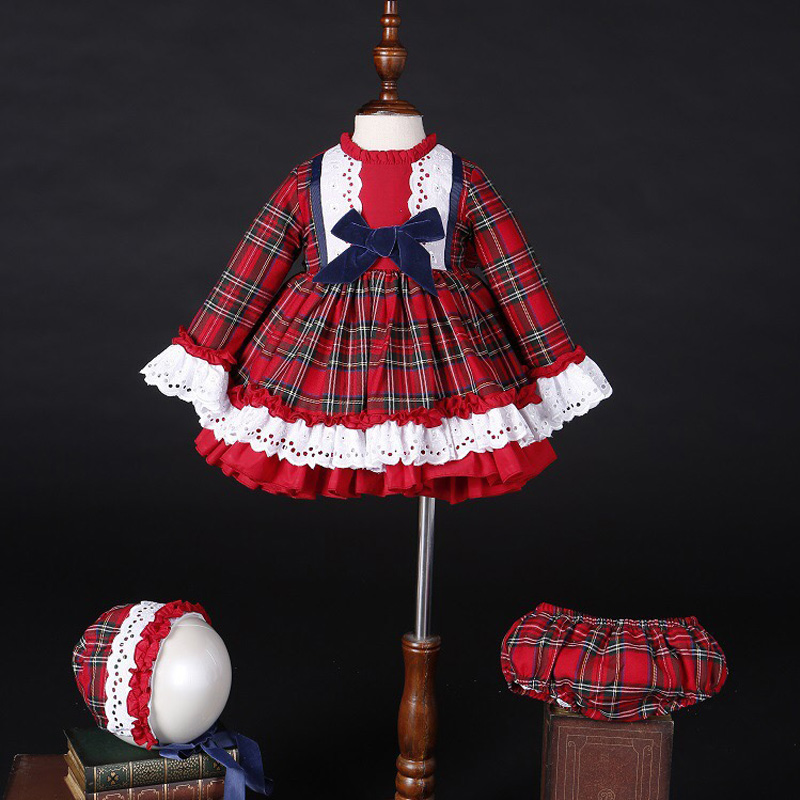 Baby Clothing For Girls - Vestido de Princesa Vintage Xadrez Vermelho